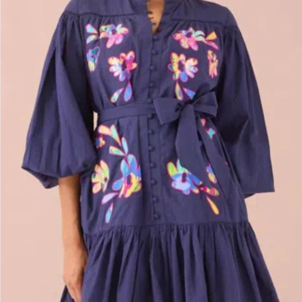 Alicia Navy Tiered Dress with Bright Multicolor Floral Embroidery - Picture 3 of 4